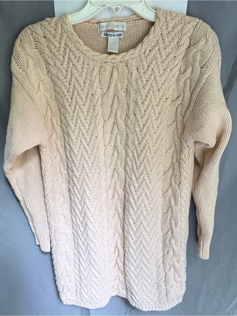 Cape Isle Knitters Cream Cable Knit Crewneck Sweater Tunic Knitted By Hand Vtg